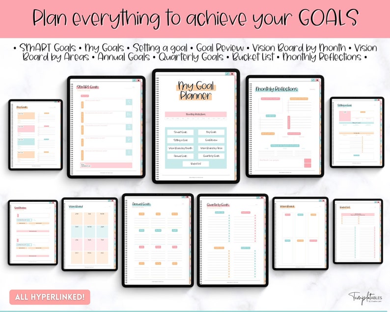 May include: A digital planner with a pink and blue colour scheme. The planner includes sections for SMART goals, monthly reflections, vision boards, and more. The text "My Goal Planner" is at the top of the planner.