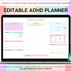 EDITABLE ADHD Digital Planner, Daily Planner Spreadsheet, Neurodivergent, Brain Dump, To Do List, Cleaning, Symptom Tracker, Google Sheets