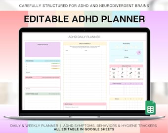 EDITABLE ADHD Digital Planner, Daily Planner Spreadsheet, Neurodivergent, Brain Dump, To Do List, Cleaning, Symptom Tracker, Google Sheets