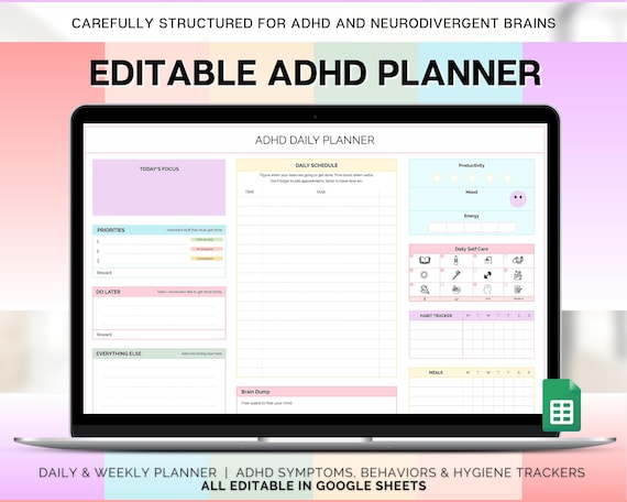 EDITABLE ADHD Digital Planner, Daily Planner Spreadsheet, Neurodivergent, Brain Dump, To Do List, Cleaning, Symptom Tracker, Google Sheets