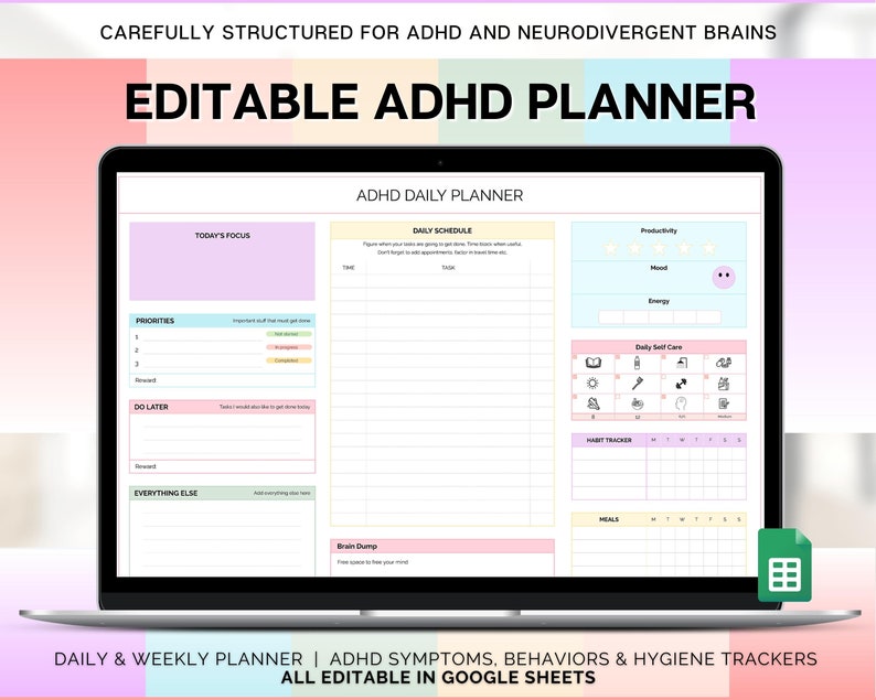 EDITABLE ADHD Digital Planner, Daily Planner Spreadsheet, Neurodivergent, Brain Dump, To Do List, Cleaning, Symptom Tracker, Google Sheets image 1