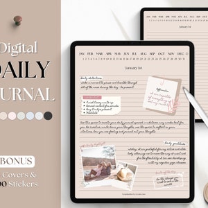 May include: A digital daily journal template with a pink and white colour scheme. The template includes a calendar, daily intentions, affirmations, gratitude, and a daily highlight section. The template also includes 18 covers and 300 stickers.