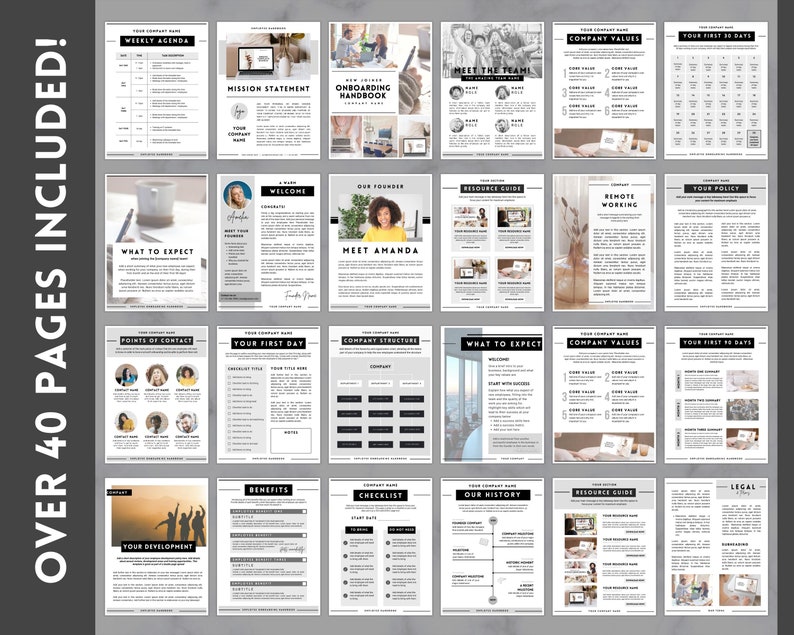 Peut inclure: Un ensemble de 20 mod&egrave;les d'int&eacute;gration imprimables pour les nouveaux employ&eacute;s. Les mod&egrave;les sont en noir et blanc avec un design minimaliste moderne. Les mod&egrave;les comprennent des sections pour les valeurs de l'entreprise, les avantages, l'histoire de l'entreprise, et plus encore.