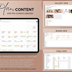 May include: A screenshot of a content calendar app with four different views: gallery, board, table, and calendar. The app allows users to plan, manage, and schedule content across different platforms.