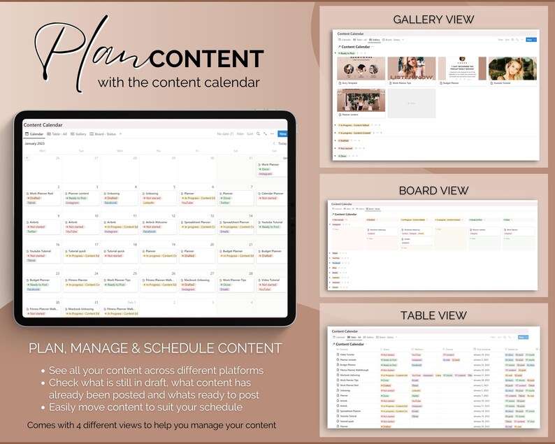 May include: A screenshot of a content calendar app with four different views: gallery, board, table, and calendar. The app allows users to plan, manage, and schedule content across different platforms.