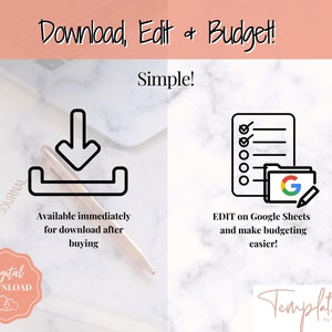 May include: Digital download graphic with the text "Download, Edit & Budget!" and "Simple!". Features icons for downloading, editing on Google Sheets, and a digital download badge. The background is a marble effect.