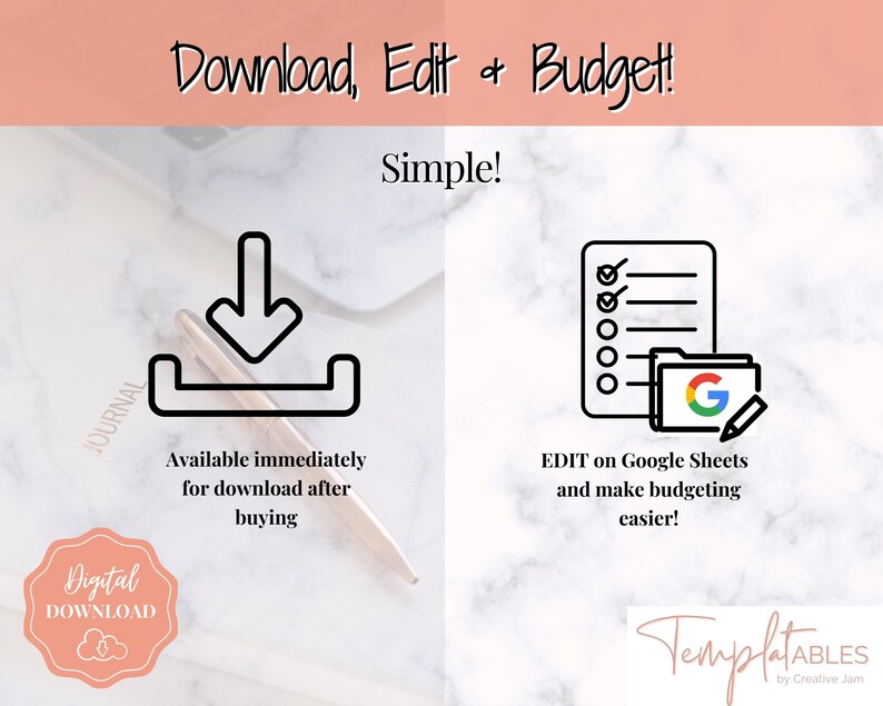 May include: Digital download graphic with the text "Download, Edit & Budget!" and "Simple!". Features icons for downloading, editing on Google Sheets, and a digital download badge. The background is a marble effect.