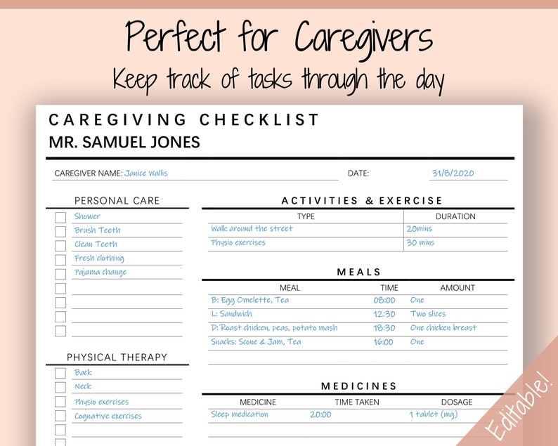 Caregiving Elderly Care Checklist. EDITABLE Printable is ideal for Caregivers. Daily cleaning, Daily Tasks, Housekeeping, Care log Template image 2