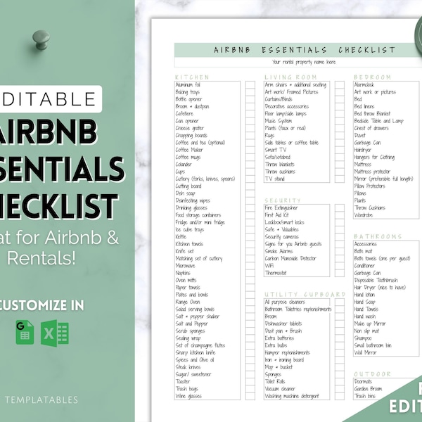 Liste de contrôle d'inventaire Airbnb, Liste des éléments essentiels d'Airbnb MODIFIABLE, Articles ménagers, Hôte Airbnb, Modèle Airbnb, Panneaux, Livre de bienvenue, Règles