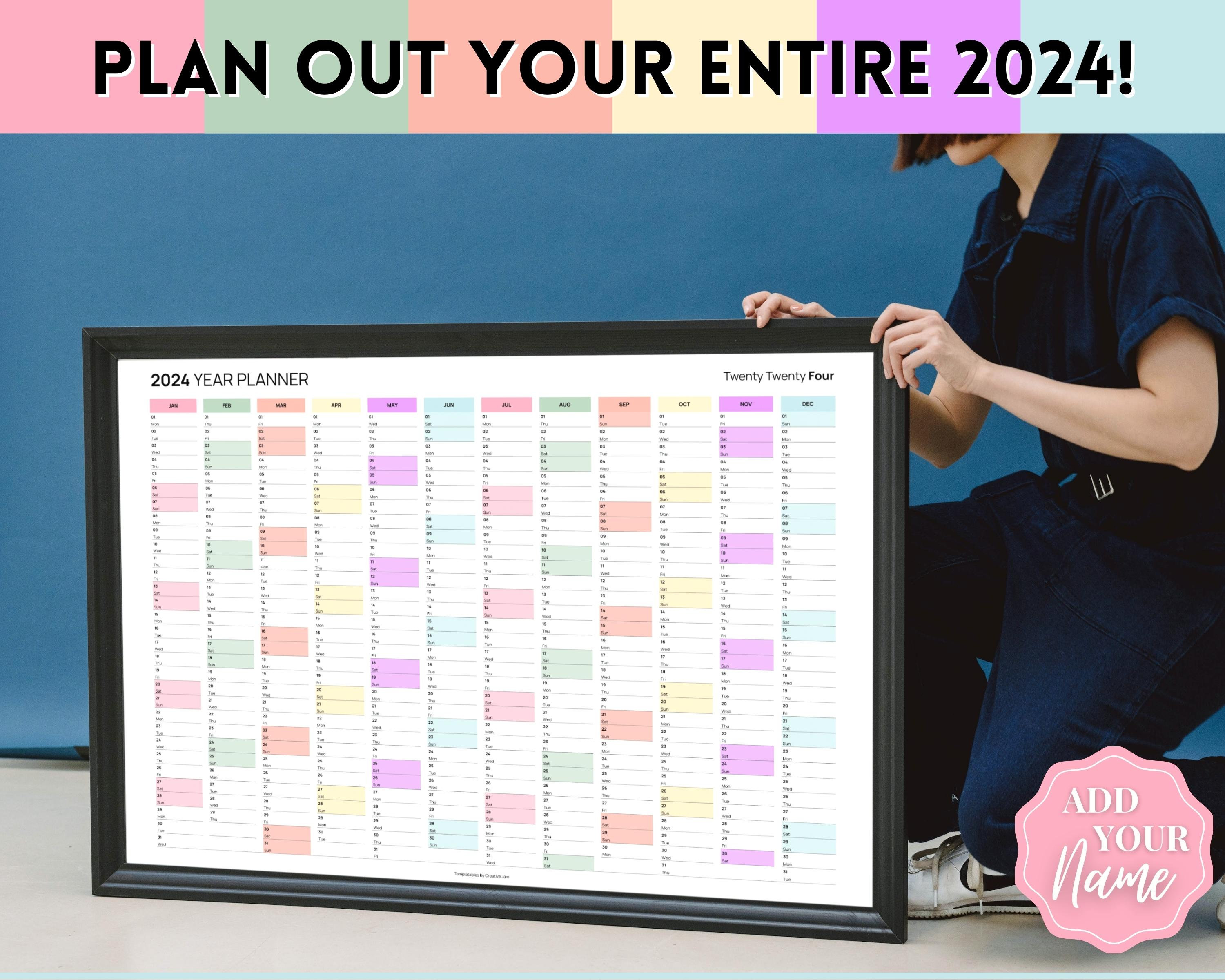 2024 Year Planner, Wall Calendar Printable, PINK Large Yearly Calendar ...