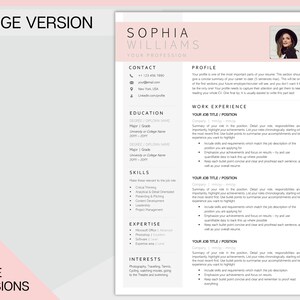 May include: A pink and white resume template with a professional headshot of a woman in the top right corner. The resume includes sections for contact information, education, skills, expertise, interests, and work experience.