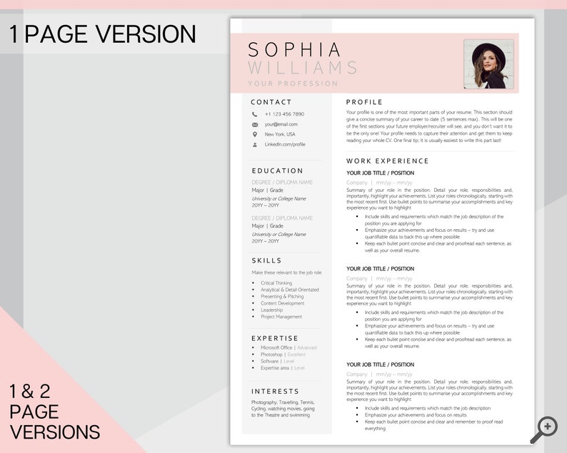 May include: A pink and white resume template with a professional headshot of a woman in the top right corner. The resume includes sections for contact information, education, skills, expertise, interests, and work experience.