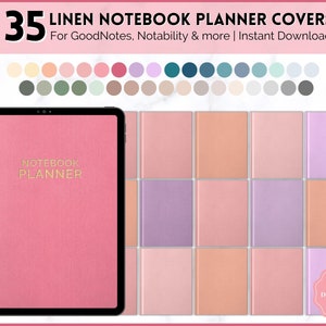 Peut inclure: 35 couvertures de planificateur numérique pour GoodNotes, Notability et d'autres applications. Les couvertures présentent une texture lin dans une variété de couleurs pastel, notamment rose, pêche, lavande et gris. Le texte "NOTEBOOK PLANNER" est affiché en or sur une couverture rose.