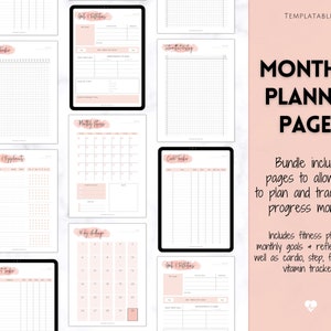 May include: A set of printable monthly planner pages in a pink and white color scheme. The pages include sections for goals, reflections, fitness tracking, and more. The text "MONTHLY PLANNER PAGES" is displayed in a pink box.