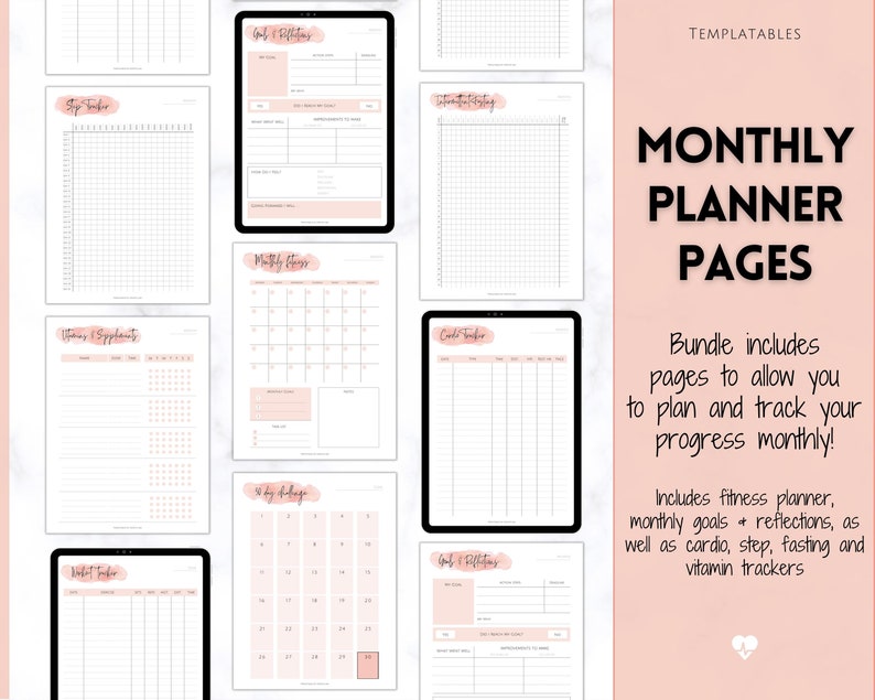 May include: A set of printable monthly planner pages in a pink and white color scheme. The pages include sections for goals, reflections, fitness tracking, and more. The text "MONTHLY PLANNER PAGES" is displayed in a pink box.