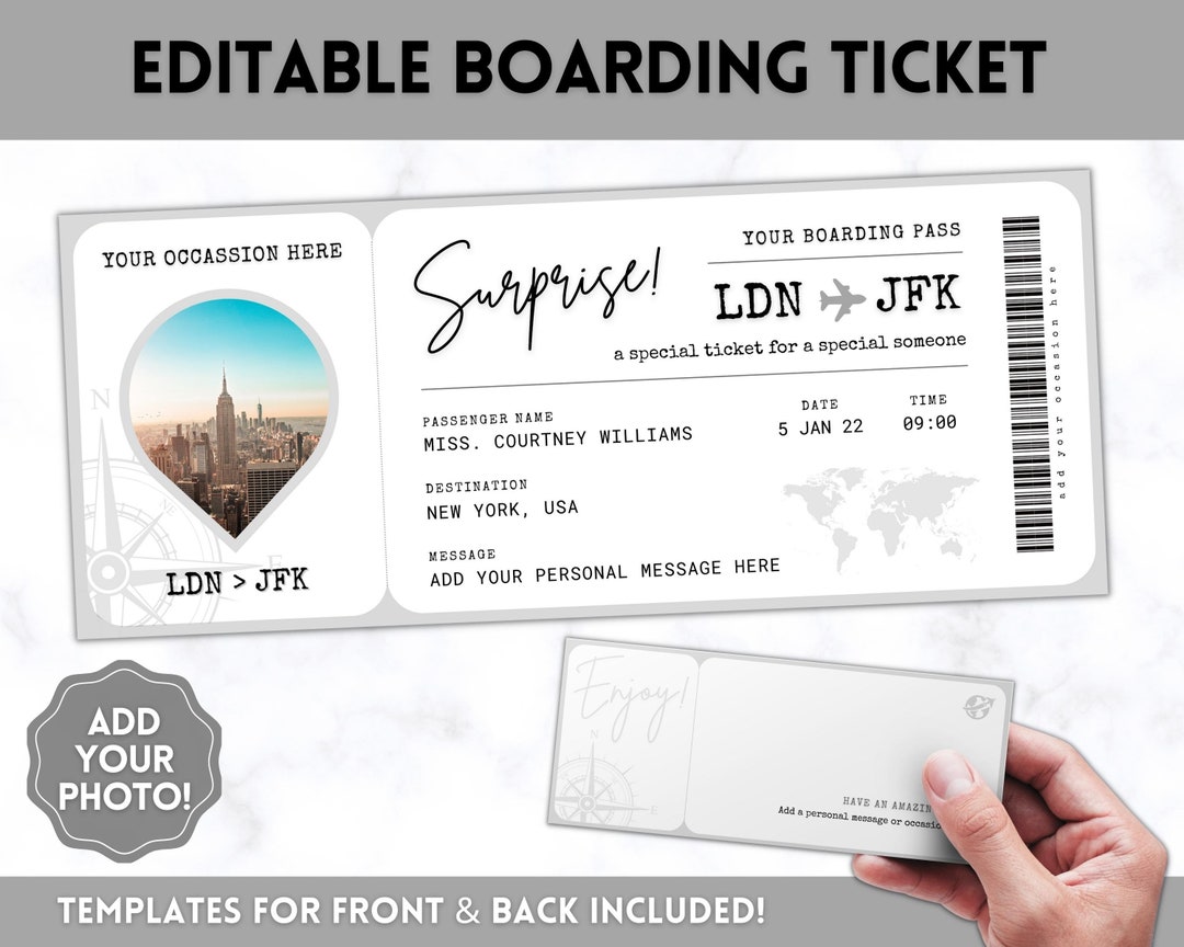 Buy Boarding Pass Template, EDITABLE Boarding Ticket, Surprise