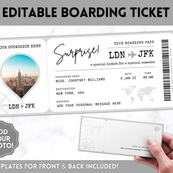 EDITABLE Boarding Ticket Template, Surprise Boarding Pass, Plane Ticket Vacation, Airline, Trip, Flight Gift, Holiday Destination, Fake, Mom