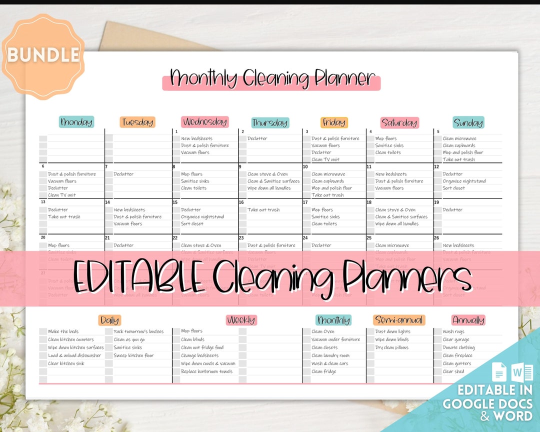 Monthly Cleaning Schedule, EDITABLE Checklist , Cleaning Planner ...