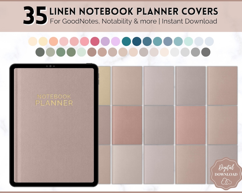 Op de afbeelding: 35 digitale plannerhoezen met een linnen textuur in verschillende tinten beige, roze en grijs. De hoezen worden weergegeven op een tabletscherm en bevatten de tekst "NOTEBOOK PLANNER".