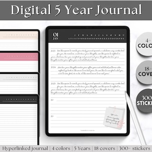 5 year Journal, Digital Daily Journal, GoodNotes iPad Notebook, Hyperlinked Digital 365 Diary, Stickers & Covers, Minimalist, One line a day