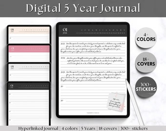 5 year Journal, Digital Daily Journal, GoodNotes iPad Notebook, Hyperlinked Digital 365 Diary, Stickers & Covers, Minimalist, One line a day