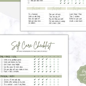 May include: A printable self-care checklist with a green and white color scheme. The checklist includes daily basic and physical tasks to help you take care of yourself. The checklist is divided into sections for daily basic, physical, and weekly, monthly, and yearly goals.