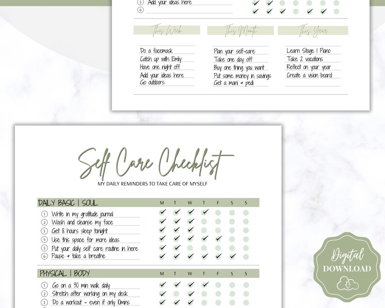 May include: A printable self-care checklist with a green and white color scheme. The checklist includes daily basic and physical tasks to help you take care of yourself. The checklist is divided into sections for daily basic, physical, and weekly, monthly, and yearly goals.