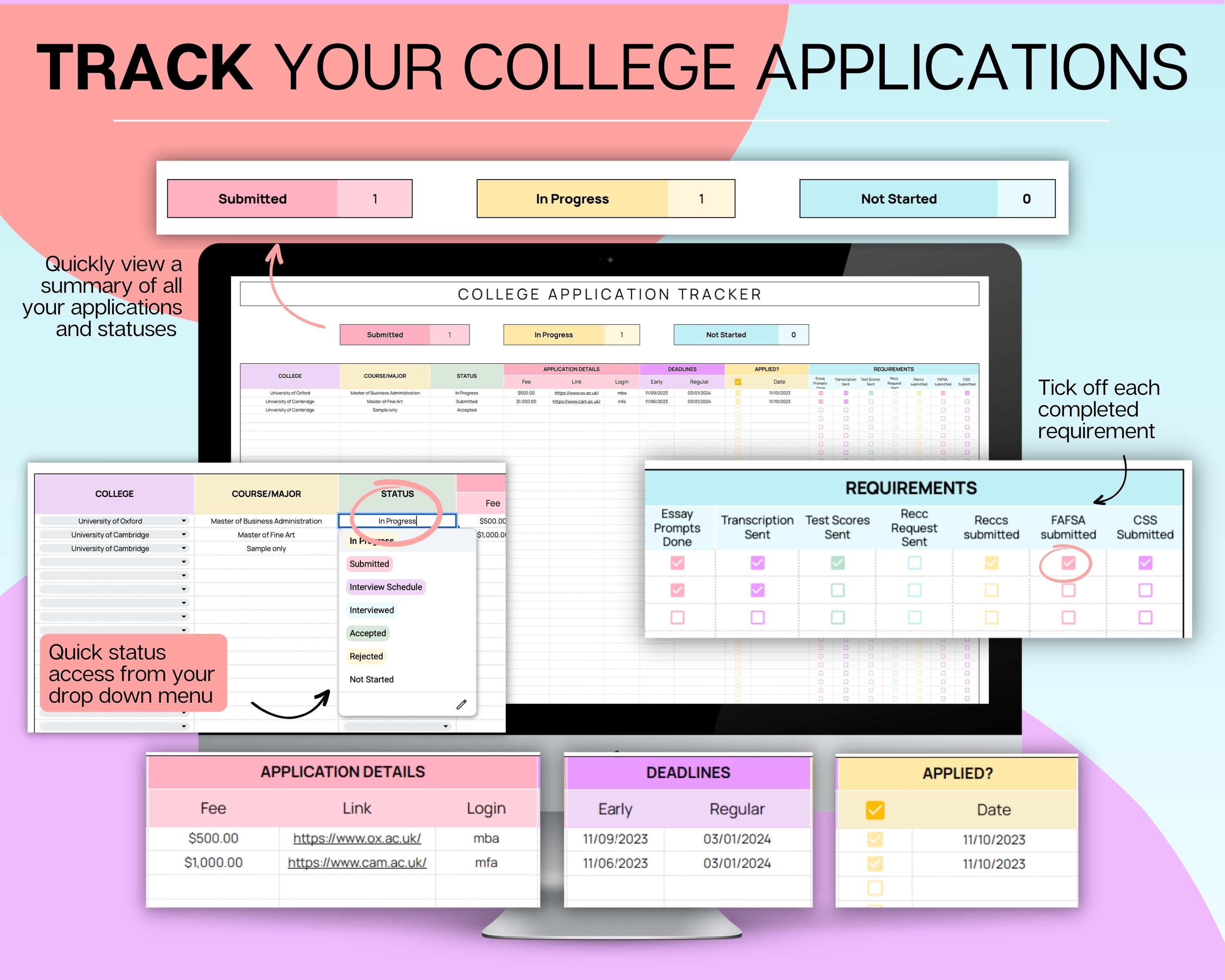 College Application Planner, College App Tracker Spreadsheet, College ...