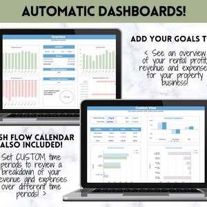 May include: Two laptops displaying financial dashboards with charts and graphs. Text on the screen includes "Overview" and "Custom View." The image also features the text "AUTOMATIC DASHBOARDS!" and "ADD YOUR GOALS TOO!" and "CASH FLOW CALENDAR ALSO INCLUDED!"