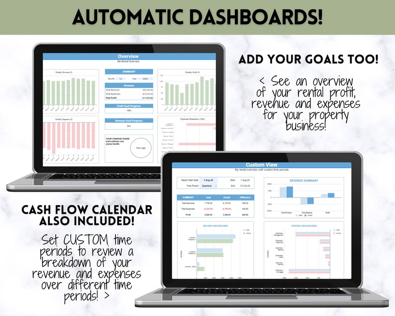 May include: Two laptops displaying financial dashboards with charts and graphs. Text on the screen includes "Overview" and "Custom View." The image also features the text "AUTOMATIC DASHBOARDS!" and "ADD YOUR GOALS TOO!" and "CASH FLOW CALENDAR ALSO INCLUDED!"