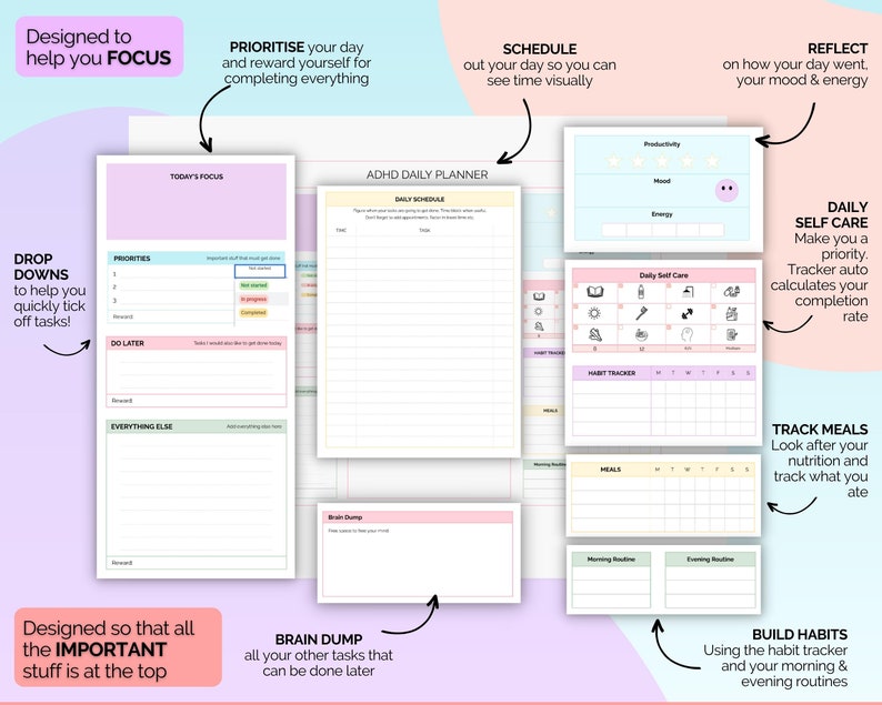 EDITABLE ADHD Digital Planner, Daily Planner Spreadsheet, Neurodivergent, Brain Dump, To Do List, Cleaning, Symptom Tracker, Google Sheets image 3