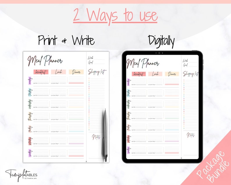 Meal Planner Printable, Weekly Food Diary, Meal Tracker, Food Journal, Menu Plan & Prep, BONUS Grocery List Diet, Fitness, Health, Pink image 8
