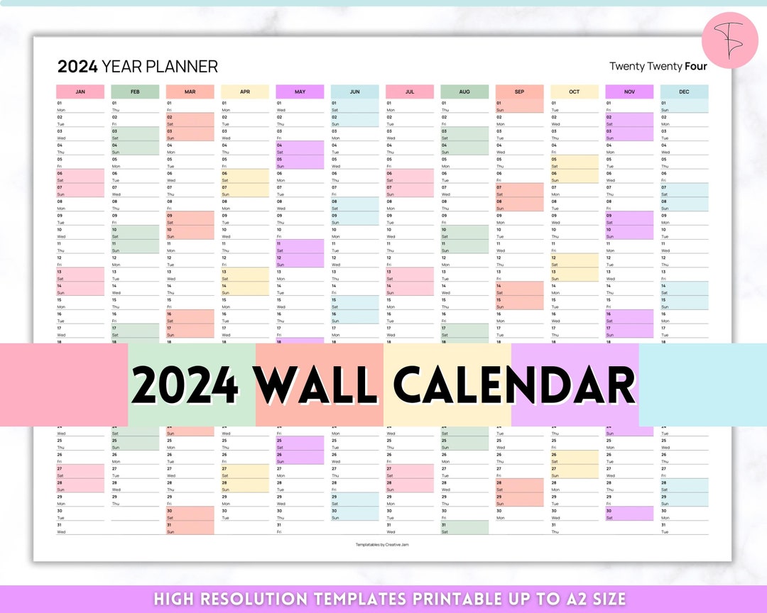 2024 Year Planner, Wall Calendar Printable, PINK Large Yearly Calendar ...