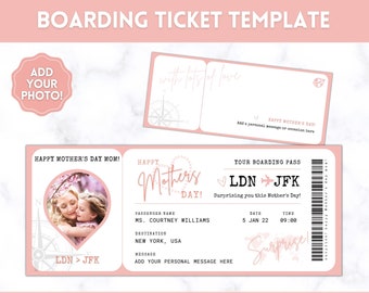 Boarding Ticket Template, Surprise MOTHERS DAY Boarding Pass for Mom, Plane Ticket Vacation, Fake Airline Flight Trip, Last Minute Gift, Mum