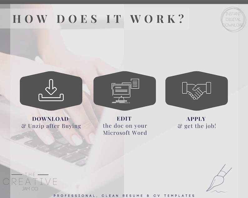 May include: A graphic showing how to use a resume template. The steps are download, edit, and apply. The graphic shows a computer keyboard, a download icon, a computer screen with a document, and two hands shaking.