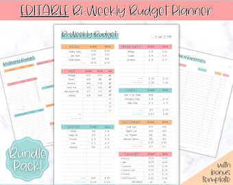 May include: A printable bi-weekly budget planner with sections for income, bills, expenses, savings, debt payments, and a summary. The planner is designed to help people track their finances and stay on budget.