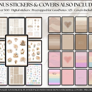 May include: A digital planner with over 500 stickers and 125 covers. The stickers and covers are precropped for use with GoodNotes. The image shows a variety of stickers and covers, including illustrations of people, animals, and objects. The stickers and covers are in a variety of colors and styles.