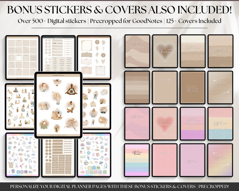May include: A digital planner with over 500 stickers and 125 covers. The stickers and covers are precropped for use with GoodNotes. The image shows a variety of stickers and covers, including illustrations of people, animals, and objects. The stickers and covers are in a variety of colors and styles.