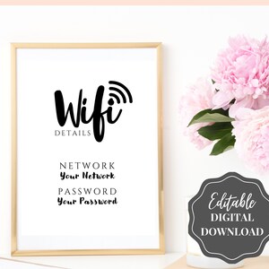 Znak hasła Wi-Fi, edytowalny szablon znaku Wi-Fi do druku, znak Be Our Guest, znak hasła Wi-Fi, pokój gościnny Airbnb, sztuka ścienna, wystrój, Wi-Fi zdjęcie 7