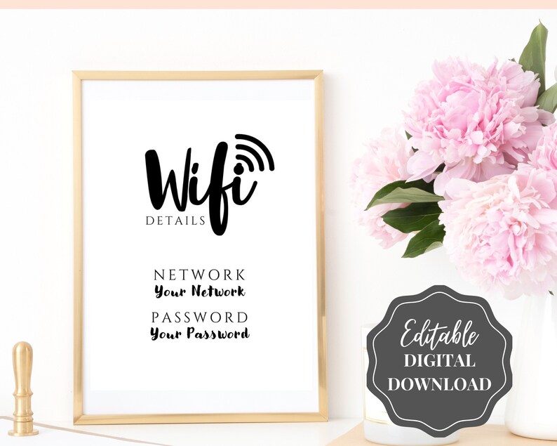 Znak hasła Wi-Fi, edytowalny szablon znaku Wi-Fi do druku, znak Be Our Guest, znak hasła Wi-Fi, pokój gościnny Airbnb, sztuka ścienna, wystrój, Wi-Fi zdjęcie 7