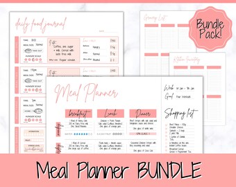 Meal Planner BUNDLE, PINK Weekly Food Diary, Meal Tracker Printable, Daily Food Journal, Menu Plan, Prep! Grocery, Fitness Diet Wellness