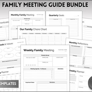 May include: A black and white printable family meeting guide bundle with 12 templates. The templates include a monthly family meeting, quarterly goals, task prioritization, a family chore chart, family goals and values, a weekly family meeting, a monthly planner, monthly reflections, and a weekly planner.
