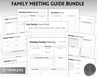 Gids voor familiebijeenkomsten, 12pg afdrukbare bundel met vergaderagenda, notities, familiekalender, huishoudelijke planner, thuisorganisatie, moederplanner