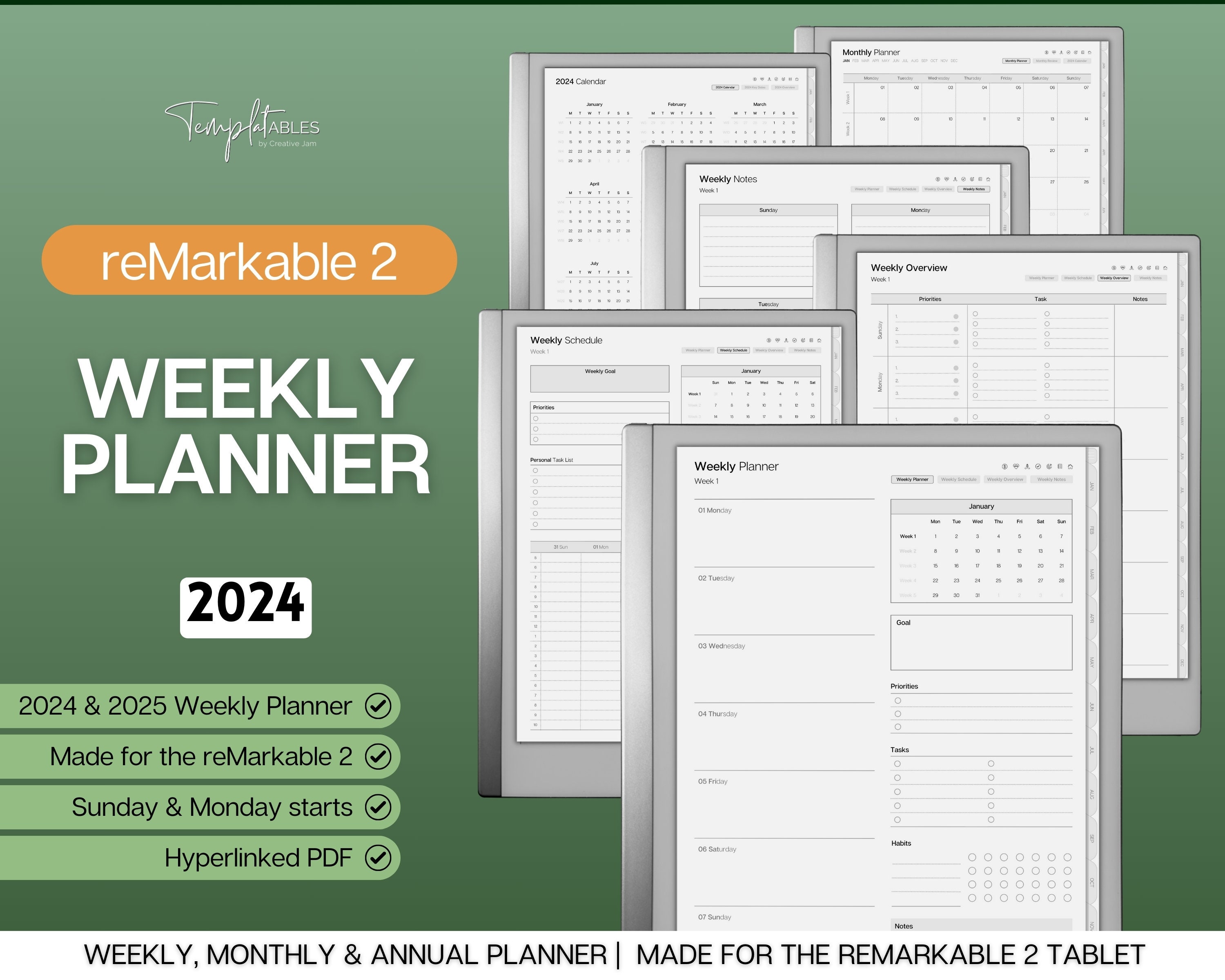 2024 Weekly Planner, Remarkable 2 Templates, Remarkable Digital Planner,  Remarkable Calendar, Mid Year, Minimalist Schedule, Task List 