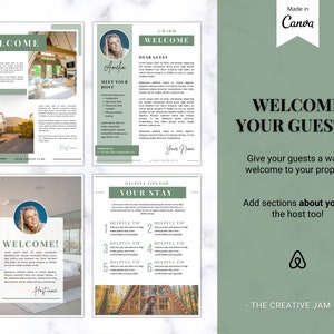 Peut inclure: Un guide d'accueil vert et blanc pour les invit&eacute;s avec le texte "Bienvenue &agrave; vos invit&eacute;s !" et "Offrez &agrave; vos invit&eacute;s un accueil chaleureux dans votre propri&eacute;t&eacute;. Ajoutez des sections sur vous en tant qu'h&ocirc;te !" Le guide comprend des images d'une cabane, d'un camping-car et d'une femme.