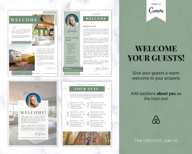 Peut inclure: Un guide d'accueil vert et blanc pour les invit&eacute;s avec le texte "Bienvenue &agrave; vos invit&eacute;s !" et "Offrez &agrave; vos invit&eacute;s un accueil chaleureux dans votre propri&eacute;t&eacute;. Ajoutez des sections sur vous en tant qu'h&ocirc;te !" Le guide comprend des images d'une cabane, d'un camping-car et d'une femme.