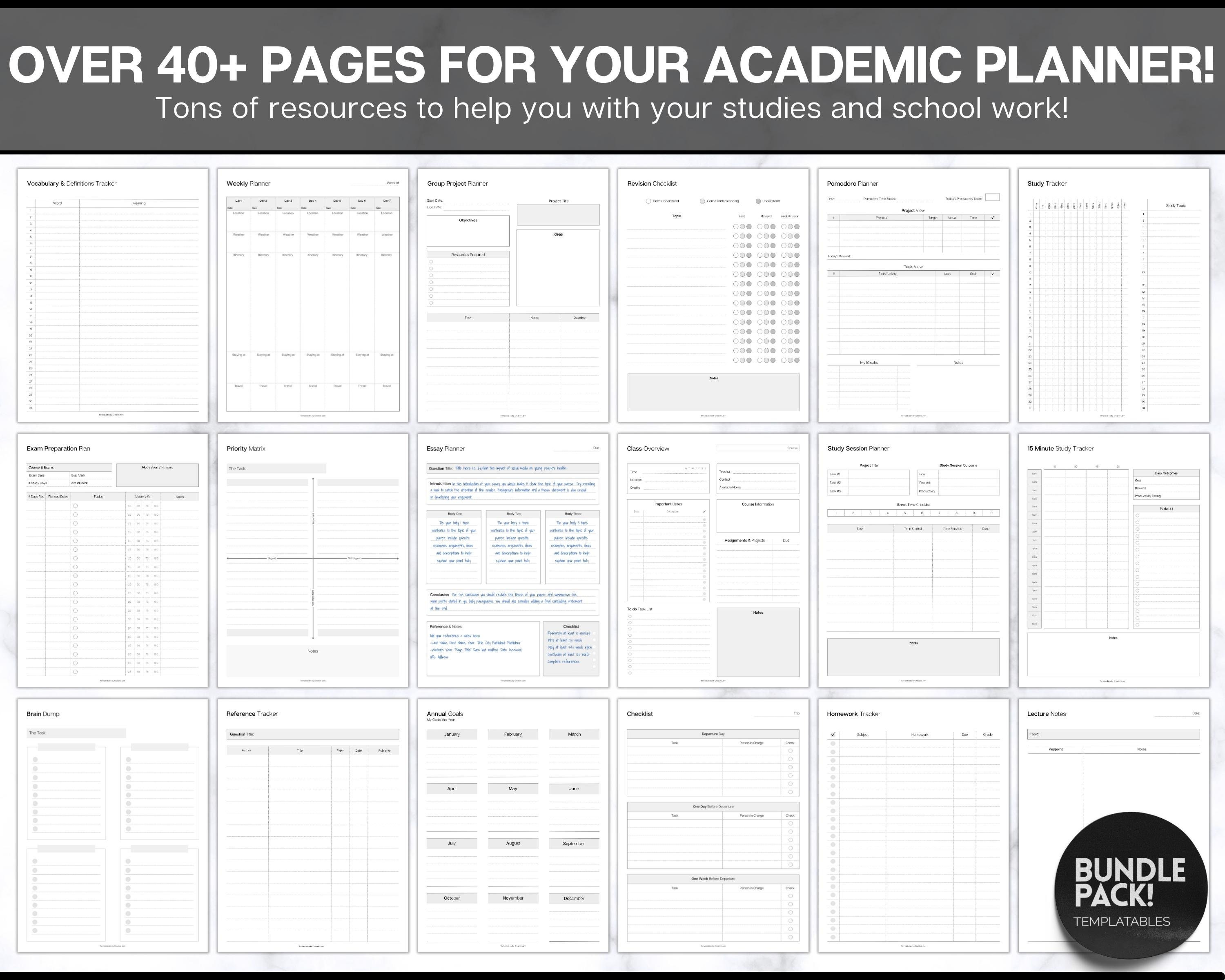 Student Planner Printable BUNDLE, 40+ Pg Study Planner, Academic ...