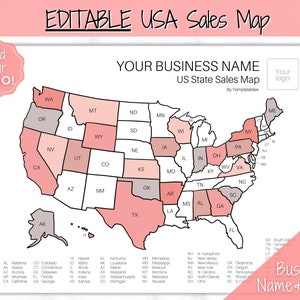 EDITABLE Sales Tracker, US Sales Map, Etsy Business Sales Map, Order Tracker, Usa States, Procreate PNG, Postcode, Color In, Printable