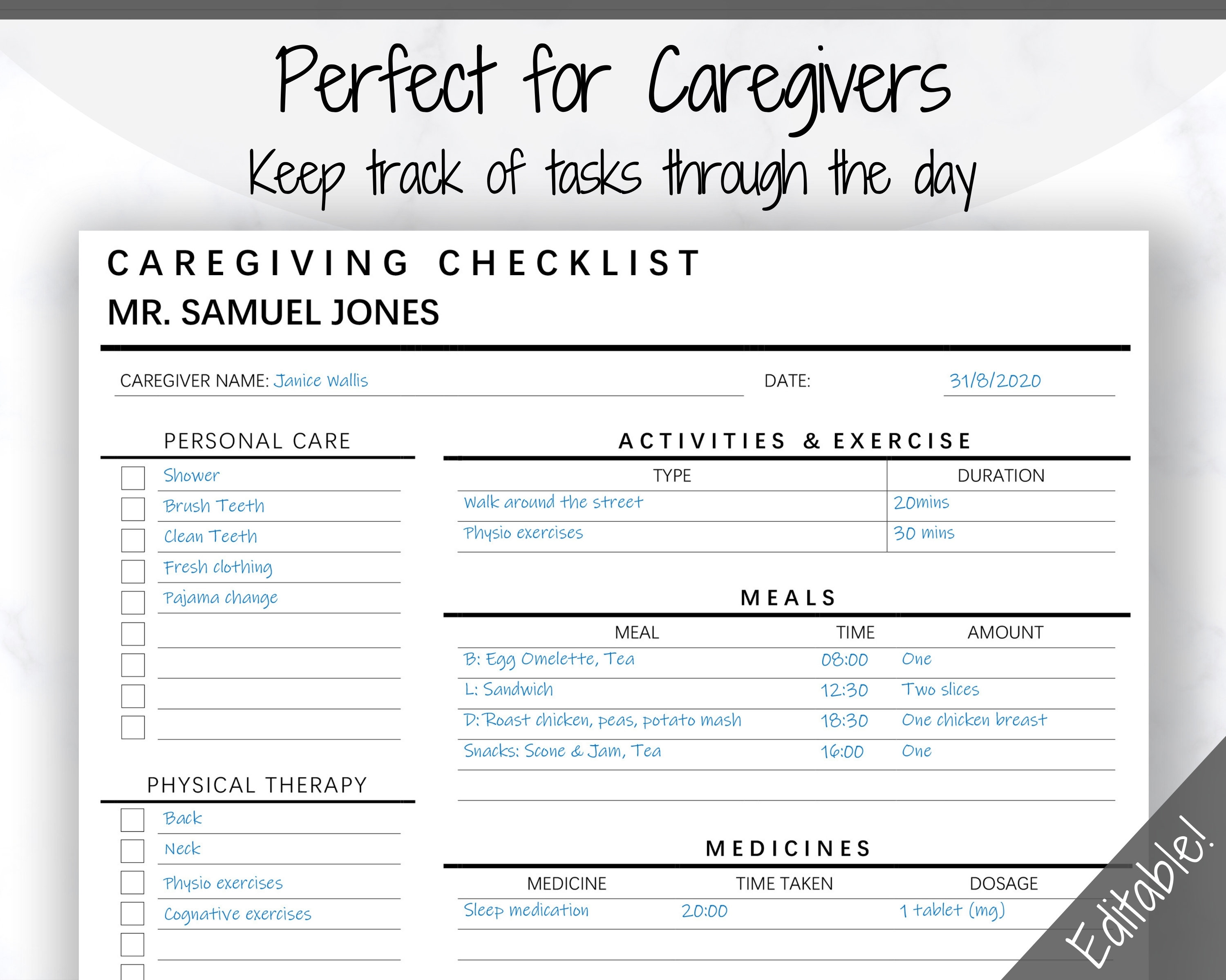 Printable Caregiver Daily Checklist Elderly