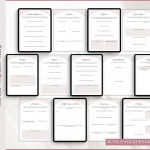 May include: A printable workbook with a pink and white design. The workbook is divided into sections with titles such as "Childhood Memories", "Triggers", "Reflections", "Forgiveness", and "Healing".